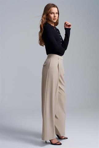 Yüksek Bel Geniş Paça Pantolon-Taş 72280-2Y6