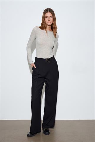 Kemerli Geniş Paça Pantolon-Siyah 72281-2Y6