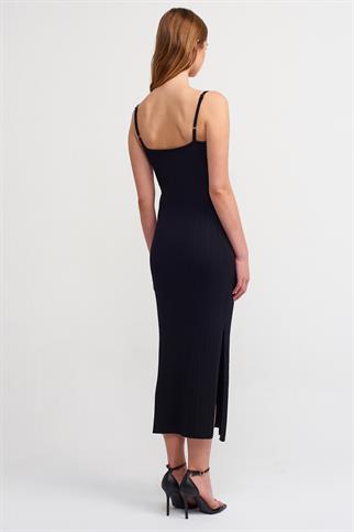 İP ASKILI YIRTMAÇLI UZUN SİYAH KADIN ELBİSE 90139-2Y5