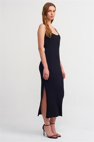 İP ASKILI YIRTMAÇLI UZUN SİYAH KADIN ELBİSE 90139-2Y5