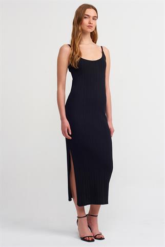 İP ASKILI YIRTMAÇLI UZUN SİYAH KADIN ELBİSE 90139-2Y5