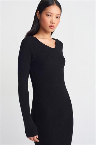 V Yaka Yumuşak Dokulu Fitilli Siyah Kadın Triko Elbise 90242-2K5