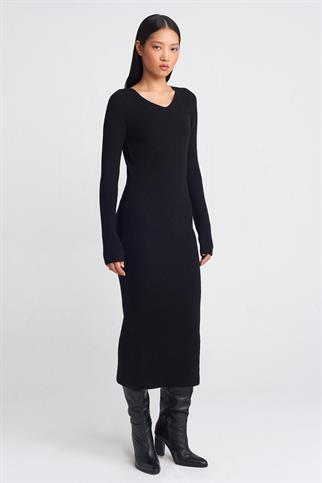 V Yaka Yumuşak Dokulu Fitilli Siyah Kadın Triko Elbise 90242-2K5