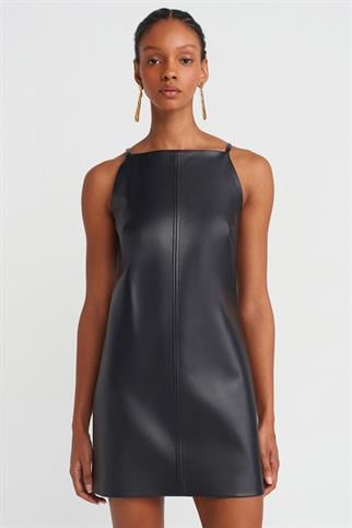Askılı Kısa Deri Siyah Kadın Elbise 90907-2K5