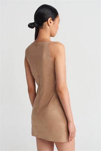 Askılı Kısa Süet Bej Kadın Elbise 90909-2K5