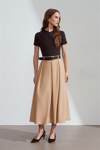 Kemerli Pileli Midi Camel Etek 81074-2Y6