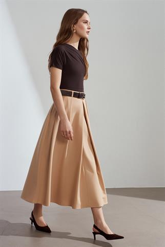 Kemerli Pileli Midi Camel Etek 81074-2Y6