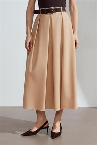Kemerli Pileli Midi Camel Etek 81074-2Y6