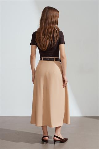 Kemerli Pileli Midi Camel Etek 81074-2Y6
