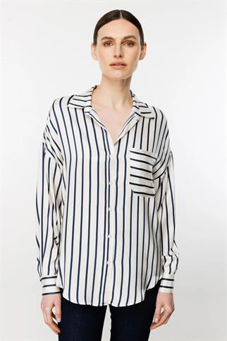 ÇİZGİLİ UZUN KOLLU EKRU KADIN GÖMLEK  1030-2Y4