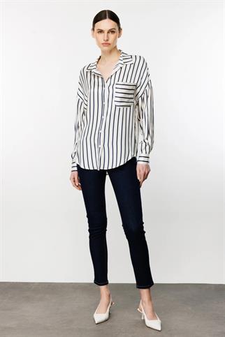 ÇİZGİLİ UZUN KOLLU EKRU KADIN GÖMLEK  1030-2Y4