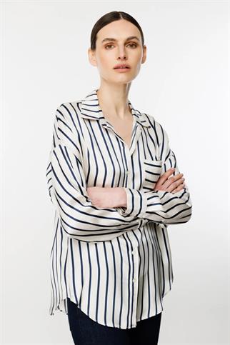 ÇİZGİLİ UZUN KOLLU EKRU KADIN GÖMLEK  1030-2Y4