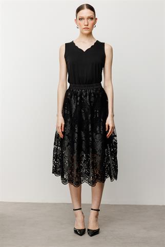 Ekol Dantel İşlemeli Siyah Midi  Etek 1514-2Y5