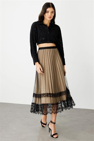 Tül Piliseli Midi Boy Bej Kadın Etek 1518-2Y5 