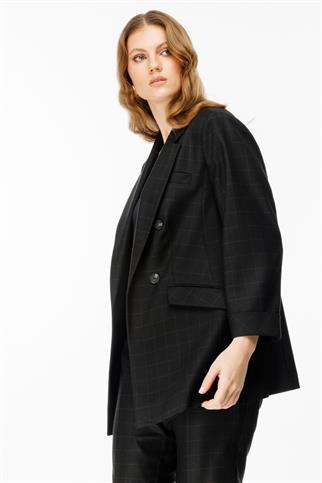 Ekol Kare Desenli Duble Kol Siyah Kadın Ceket 1547-2K5