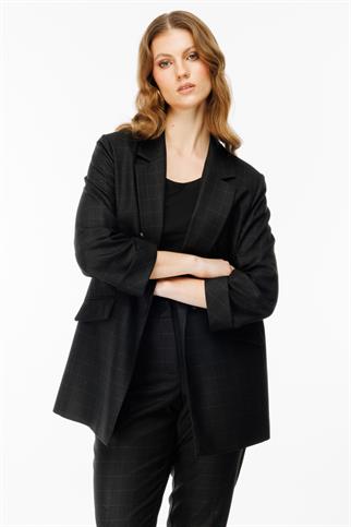 Ekol Kare Desenli Duble Kol Siyah Kadın Ceket 1547-2K5