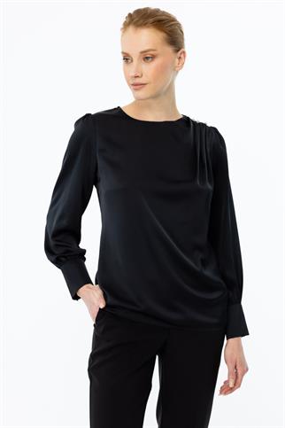 Omzu İncili Saten Siyah Kadın  Bluz 2061-2K5