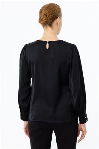 Omzu İncili Saten Siyah Kadın  Bluz 2061-2K5