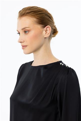 Omzu İncili Saten Siyah Kadın  Bluz 2061-2K5