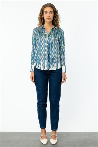 Kendinden Desenli Polo  Yaka Kadın Bluz 2089-2K5