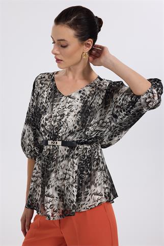 Ekol Çiçek Desenli Beli Süs Kemerli Gri Kadın Bluz 2167-2K5