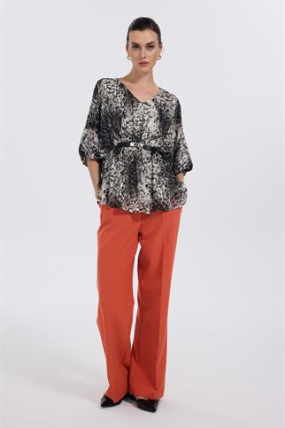 Ekol Çiçek Desenli Beli Süs Kemerli Gri Kadın Bluz 2167-2K5