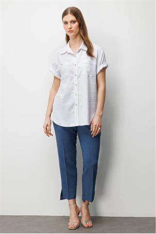 Kısa Kollu Keten Gömlek Ekru 2524-2Y6