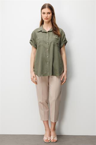 Kısa Kollu Keten Gömlek Haki 2524-2Y6