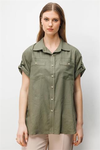 Kısa Kollu Keten Gömlek Haki 2524-2Y6