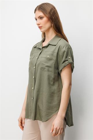 Kısa Kollu Keten Gömlek Haki 2524-2Y6