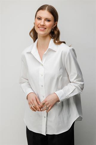 Polo Yaka Pamuklu Büyük Beden Gömlek Ekru 2560-2Y6