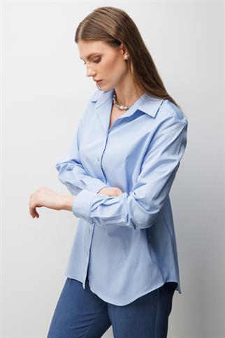 Polo Yaka Pamuklu Büyük Beden Gömlek Mavı 2560-2Y6