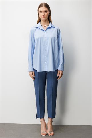 Polo Yaka Pamuklu Büyük Beden Gömlek Mavı 2560-2Y6