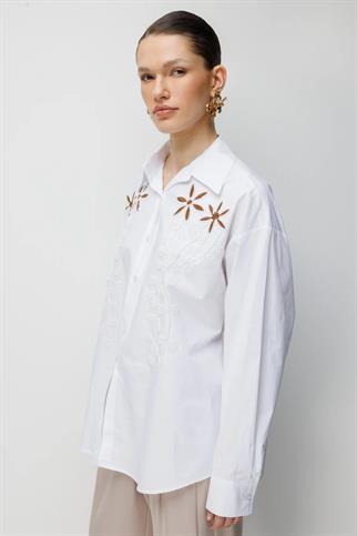 Boncuklu Çiçek İşlemeli Pamuk Gömlek Ekru 2810-2Y6
