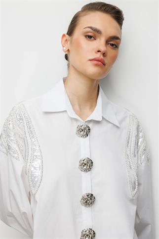 Boncuk İşlemeli Süs Metal Düğmeli Gömlek Ekru 2824-2Y6