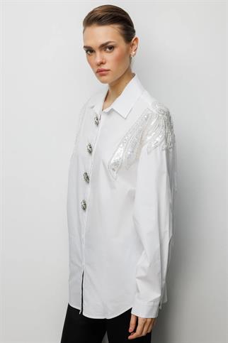 Boncuk İşlemeli Süs Metal Düğmeli Gömlek Ekru 2824-2Y6