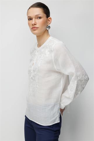 İşlemeli Keten Bluz Ekru 2844-2Y6