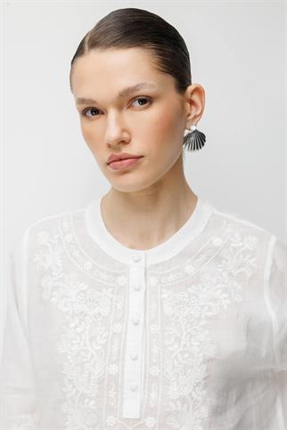 İşlemeli Keten Bluz Ekru 2844-2Y6