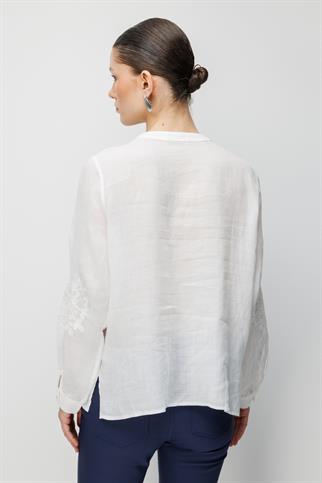 İşlemeli Keten Bluz Ekru 2844-2Y6