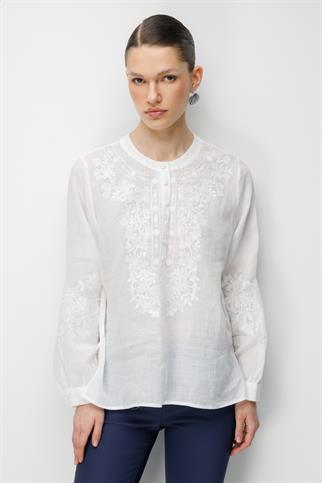 İşlemeli Keten Bluz Ekru 2844-2Y6