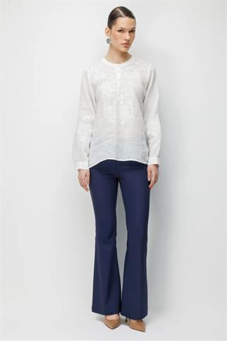 İşlemeli Keten Bluz Ekru 2844-2Y6