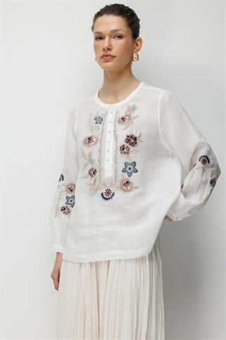 Çiçek İşlemeli Keten Bluz Ekru 2848-2Y6