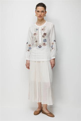 Çiçek İşlemeli Keten Bluz Ekru 2848-2Y6