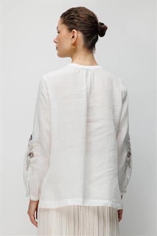 Çiçek İşlemeli Keten Bluz Ekru 2848-2Y6