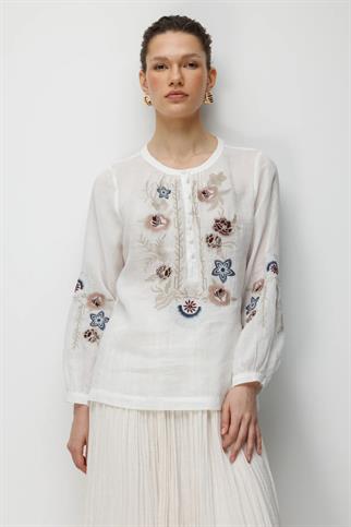 Çiçek İşlemeli Keten Bluz Ekru 2848-2Y6