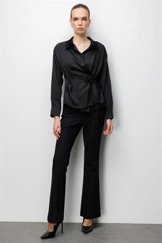 Kruvaze Yaka Bağcıklı Gömlek Siyah 2862-2Y6