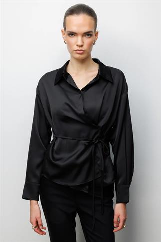 Kruvaze Yaka Bağcıklı Gömlek Siyah 2862-2Y6