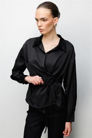 Kruvaze Yaka Bağcıklı Gömlek Siyah 2862-2Y6