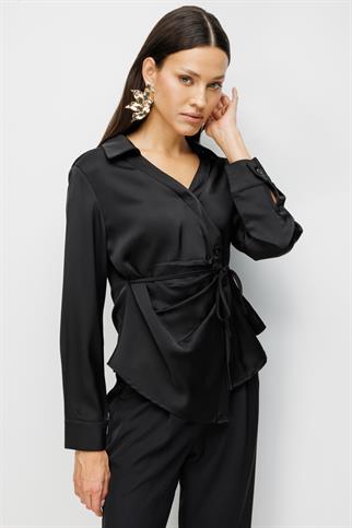 Beli Bağlamalı Büzgülü Bluz Siyah 2866-2Y6