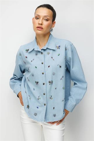 Renkli Taşlı Kot Gömlek Blue 2912-2Y6